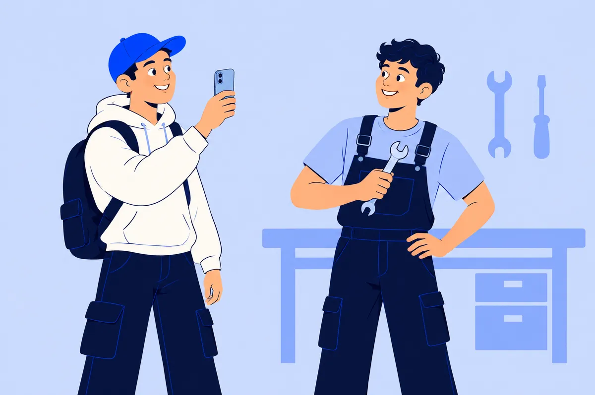 Illustrierter Creator mit blauer Kappe filmt mit dem Smartphone einen Auszubildenden in Latzhose mit Schraubenschlüssel vor einer Werkbank