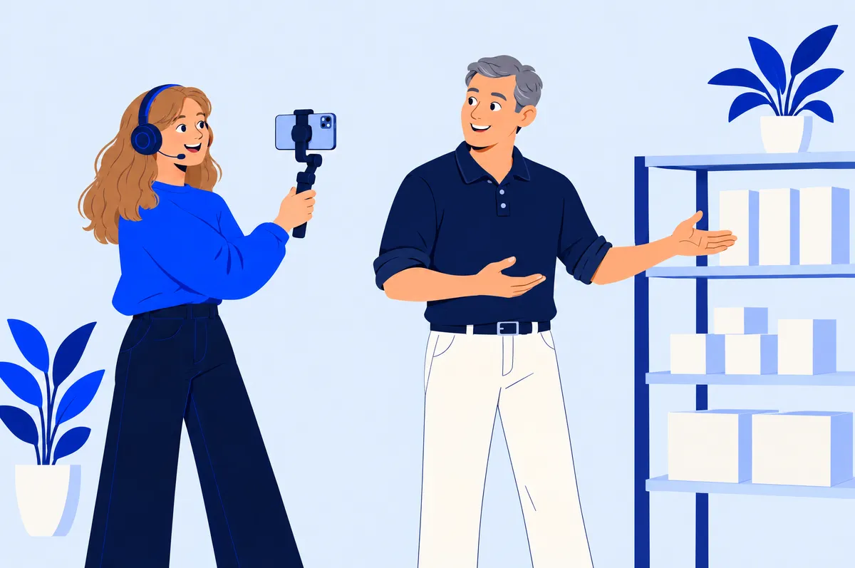 Illustrierte Content Creatorin filmt mit Smartphone und Gimbal einen Kollegen, der im Büro vor einem Regal etwas erklärt