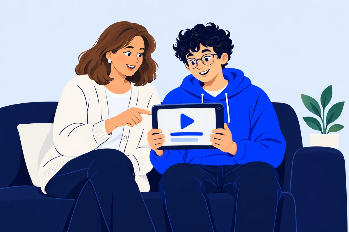 Illustrierte Mutter und ihr jugendlicher Sohn sitzen auf dem Sofa und schauen gemeinsam ein Video auf dem Tablet