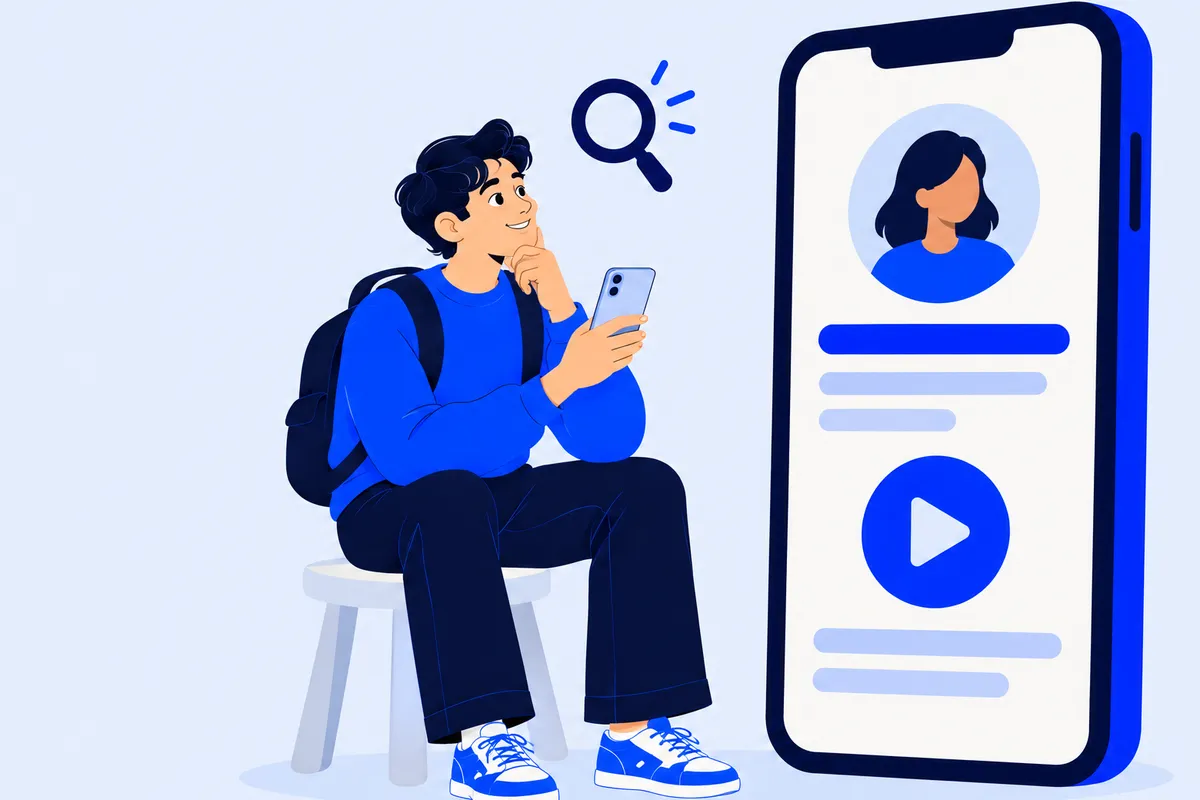Illustrierter junger Mann mit Rucksack sitzt auf einem Hocker und schaut auf sein Smartphone, daneben ein großes Smartphone mit Porträt und Play-Symbol