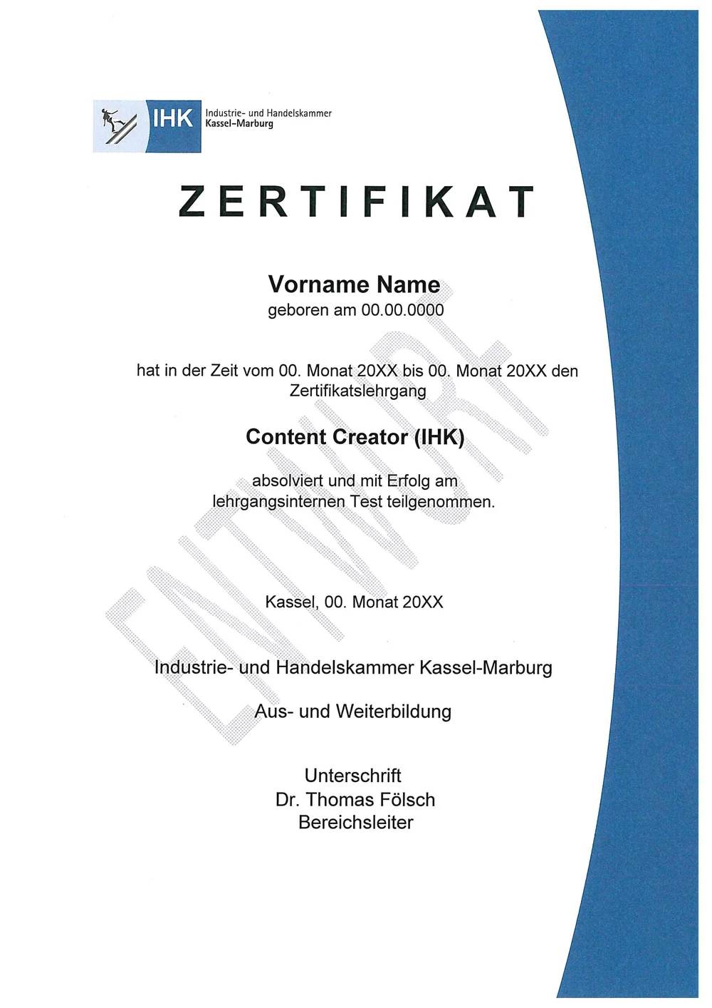 Muster des IHK-Zertifikats Content Creator (IHK), als Entwurf gekennzeichnet